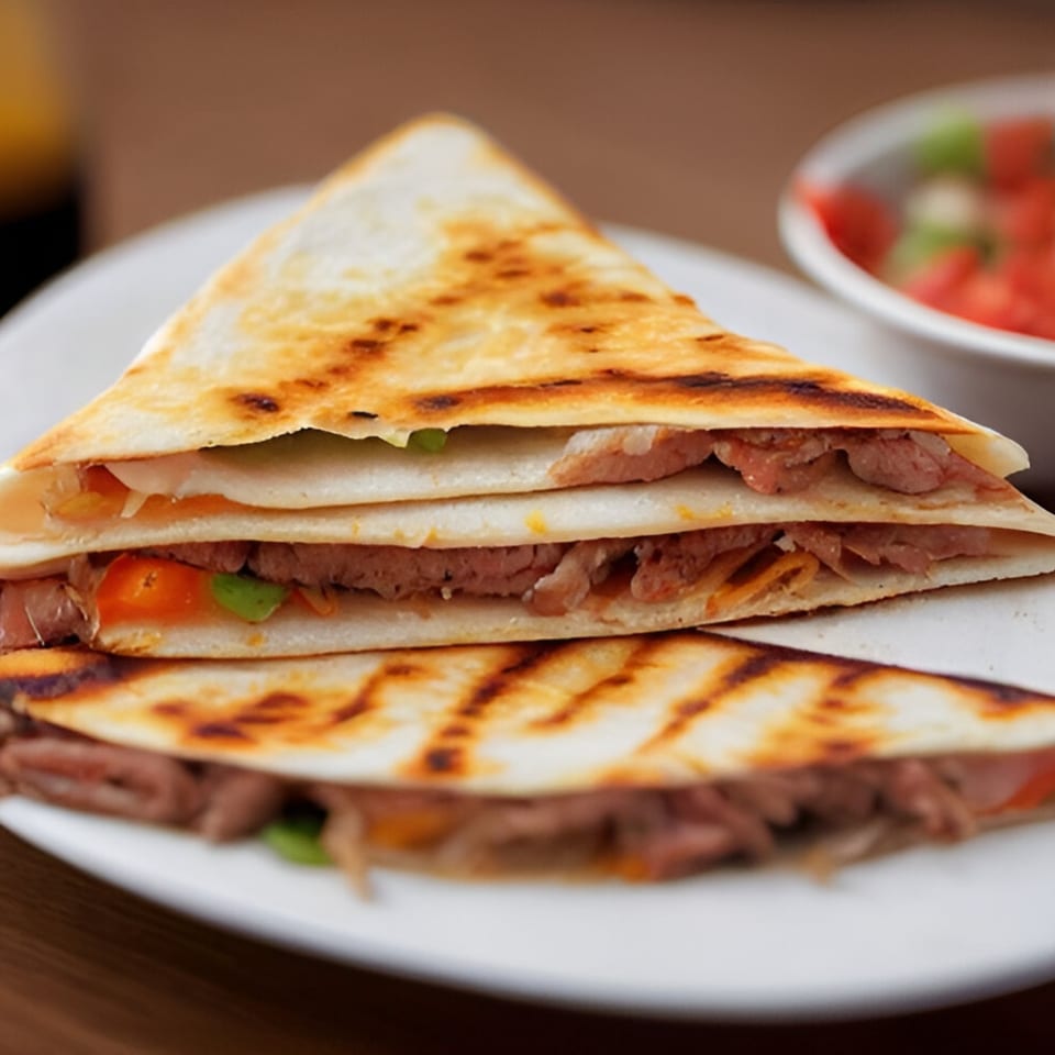 Grilled steak quesadillas with peppers and onions, served with a side of salsa.