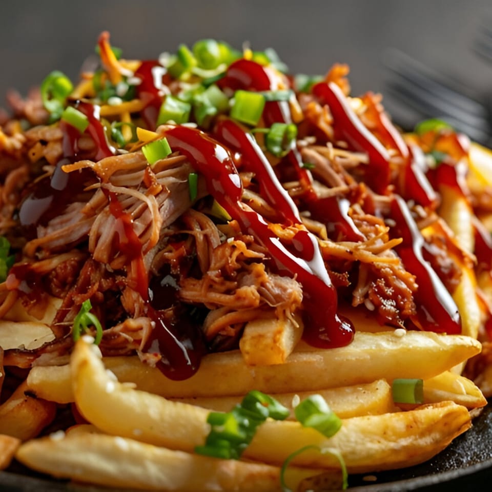 Close-up of Lunas Bar and Grill's loaded fries with pulled pork, BBQ sauce, and green onions.
