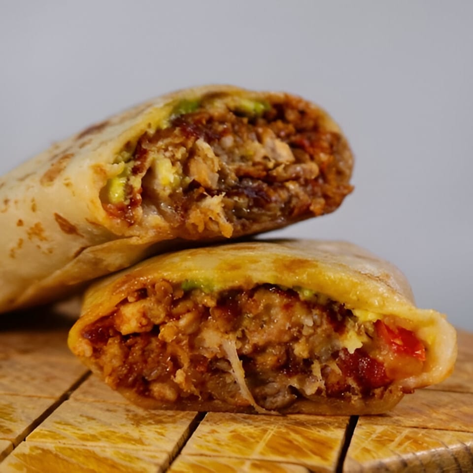 Two halves of a Lunas Bar and Grill burrito, revealing a savory filling of meat, rice, and avocado.