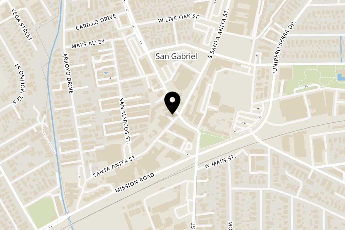 Map showing the location of Lunas Bar and Grill on 343 S Mission Dr in San Gabriel